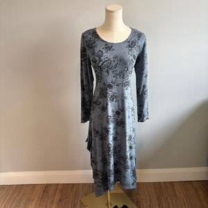 Bryn Walker, Women's 3/4 Sleeve Blue & Black Floral Long Swing Dress, SZ S